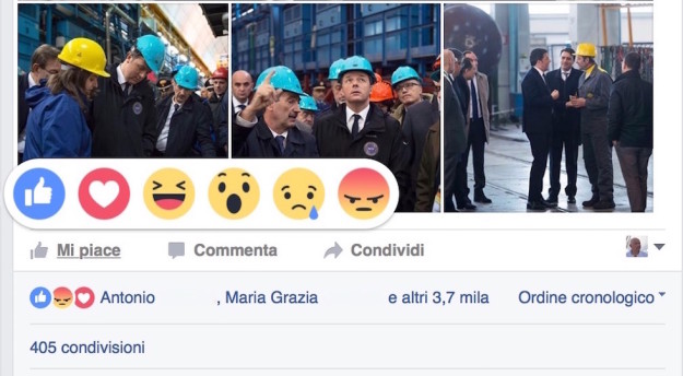 I nuovi simboli delle reactions sulla pagina Fb di Matteo Renzi