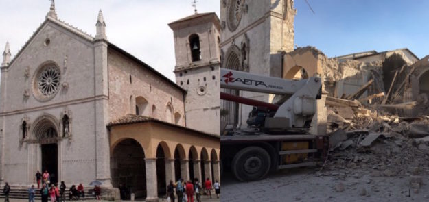 La basilica di San Benedetto a Norcia prima e dopo il crollo