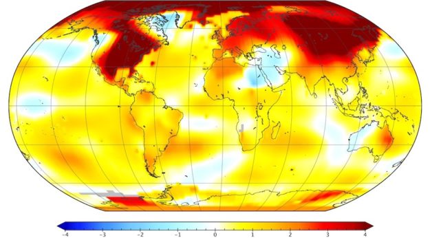 La mappa della variazione di temperature a Febbraio 2017 (Finte Giss Nasa)