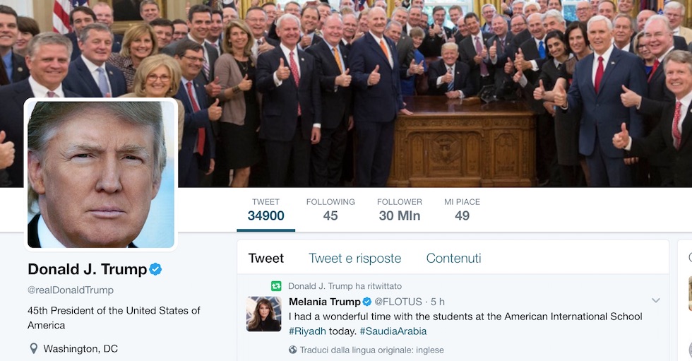 La pagina di Donald Trump su Twitter ha oltre 30 milioni di "followers"