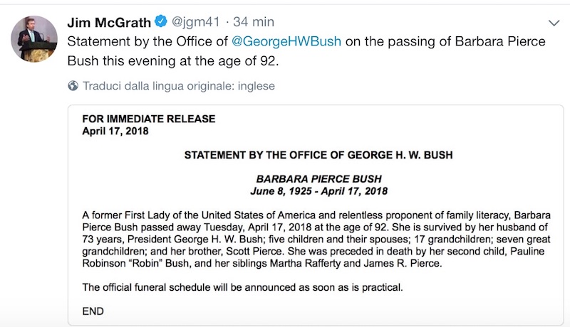 L'annuncio su Twitter della scomparsa di Barbara Bush 