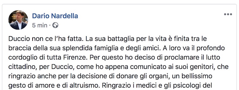 Il post su Facebook del sindaco Dario Nardella