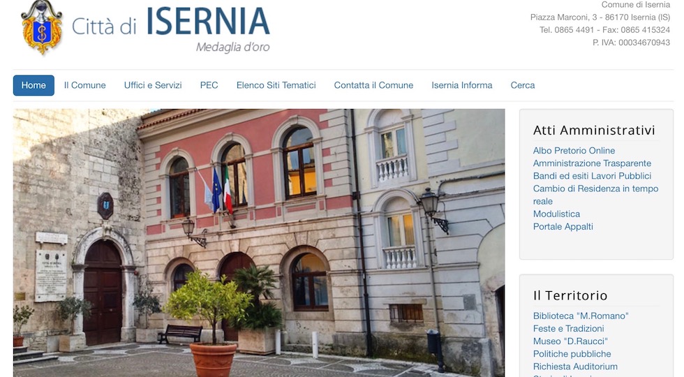 L'home page del sito ufficiale del Comune di Isernia