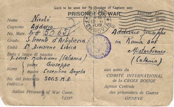 Una cartolina alla famiglia all'inizio della prigionia (1940)